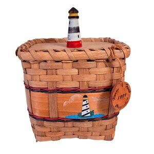 Karen Traub Coastal Wicker Basket Lighthouse Lid VTG Woven Nautical Storage